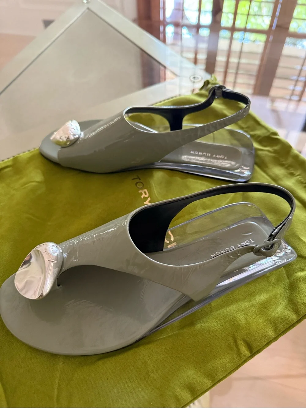 Tory Burch Patos Sage Slingback Sandals with Silver Logo